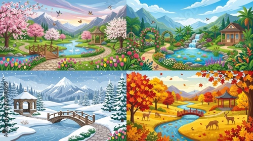 Scenic landscapes, seasonal collage, mountains, rivers, trees