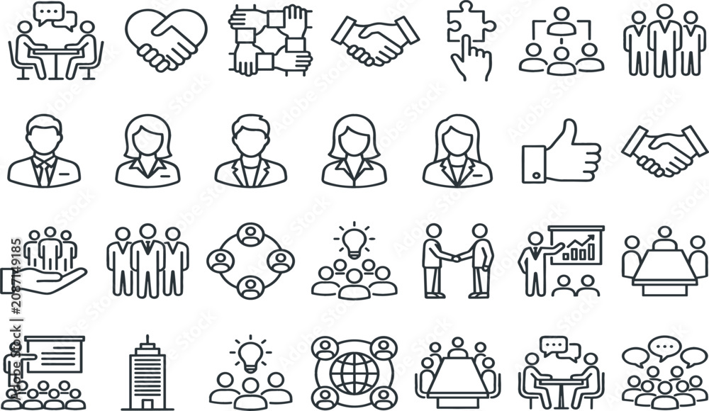 Fototapeta premium Business Teamwork and Corporate Management Line Icon Set with Human Resources Meeting Training and Cooperation Symbols for Recruitment Websites Workplace Apps and Graphic Designs