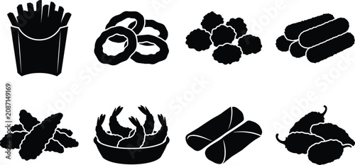 Foto Fried Food Silhouette Icon Set with French Fries Onion Rings Shrimp Spring Rolls