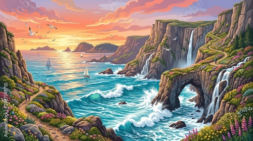 Dreamy seascape, ocean cliffs, natural arch, sunset landscape, scenic view