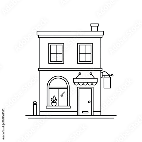Line drawing of a two story building with a storefront white background