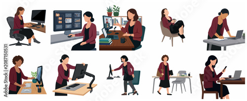 Business Woman Character Set Illustration for Work From Home and Office Routine