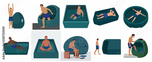 Cuadro en lienzo Collection of Men Using Sensory Deprivation Tanks and Float Pods for Wellness an