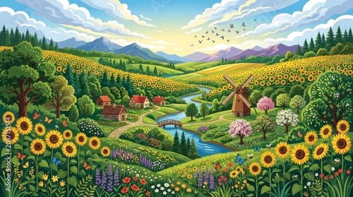 vibrant countryside landscape, colorful flower field, rolling hills, sunny rural scenery