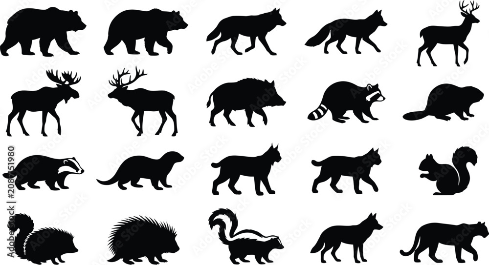 Obraz premium Set of wild forest animal silhouettes including bear wolf deer moose boar raccoon beaver and more.