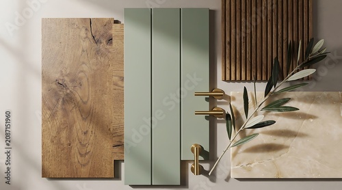 Elegant Interior Design Mood Board with Natural Textures and Olive Branch.