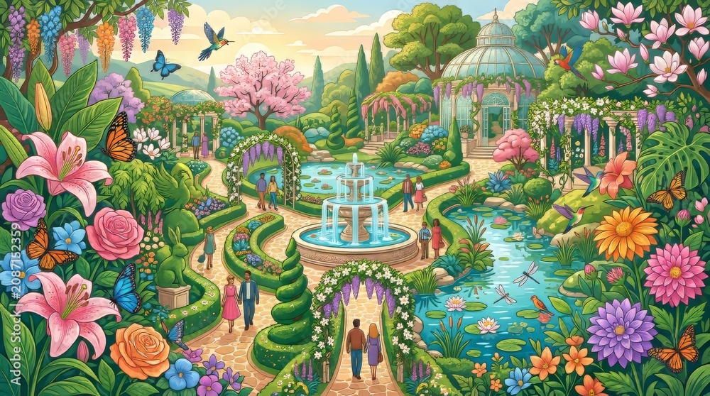 Fototapeta premium Vibrant garden, colorful flowers, serene fountain, lush greenery, idyllic scenery