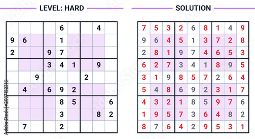 Hyper sudoku logic puzzle with hard solution, brain & memorypuzzles for adults & seniors, sudoku solution page