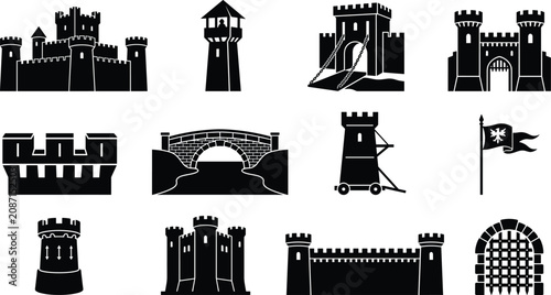 Photos Medieval Castle Architecture and Fortress Elements Black Silhouette Vector Icon