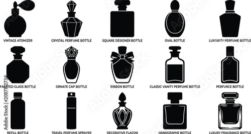 Foto Luxury Perfume Bottles and Fragrance Flacons Black Silhouette Vector Icon Set