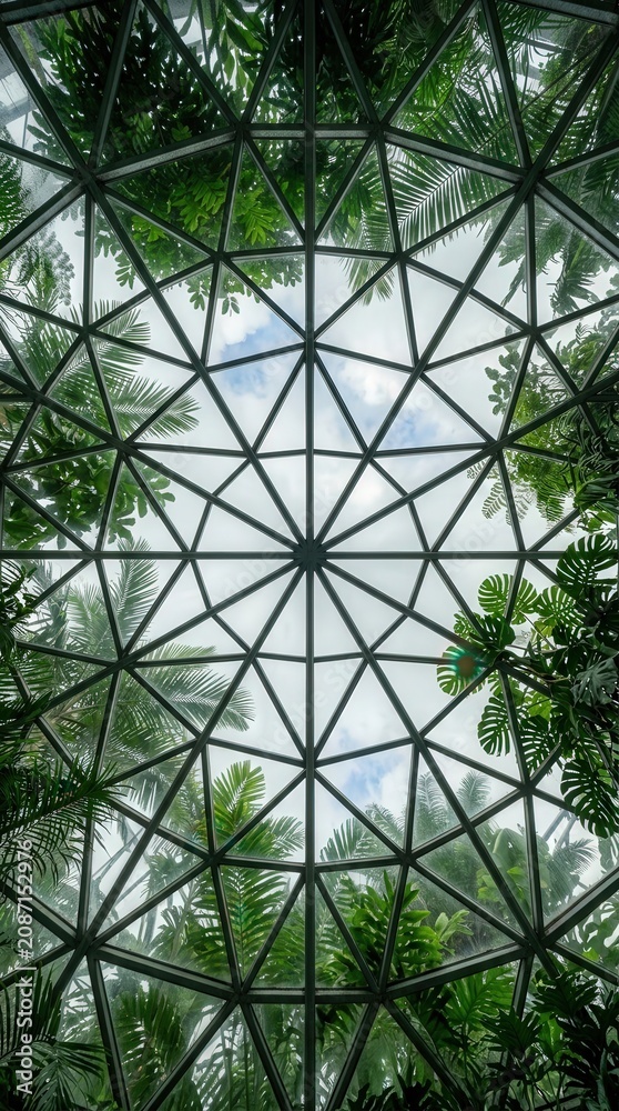 Fototapeta premium Geometric glass dome ceiling structure framing lush tropical foliage and green palm leaves under a bright cloudy sky captured from a low angle perspective interior view