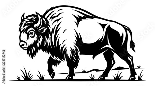 Foto A large shaggy bison walks through grassy terrain in a natural landscape