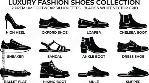 Obraz na plátně Luxury Fashion Shoes Collection Silhouette Icons Set with Sneakers, Boots, High