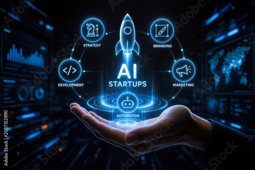 AI startups autonomous business building system hand presenting rocket hologram combining strategy branding development marketing automation compressing path from idea to launch futuristic tech