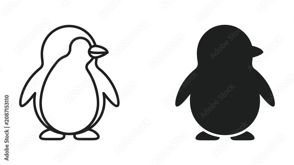 Fototapeta premium Penguin Outline and Silhouette: Two stylized penguins, one as a simple outline and the other as a solid silhouette, stand side-by-side.