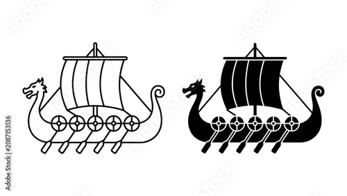 Foto Viking Ship Icon Set: Two stylized illustrations of Viking longships, one in black outline and the other in solid black, showcasing their dragon-headed prows and distinctive square sails