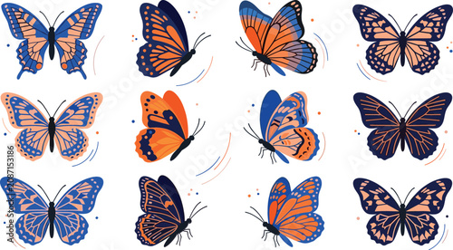 Tableau sur toile Colorful butterfly vector collection with isolated monarch blue orange wings dra