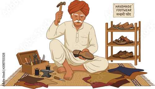 Bild auf Leinwand Traditional Indian Cobbler Making Handmade Leather Footwear Vector Illustration