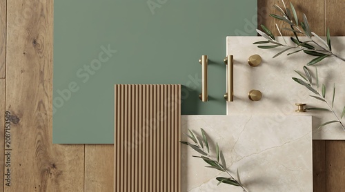 Interior design mood board with wood samples, cabinet handles, and green swatch.