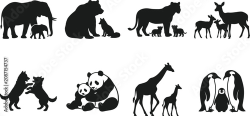 Canvas Print Wild Animal Family Silhouette Collection with Parent and Baby Wildlife Vector Ic