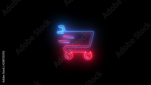 Neon shopping cart animation: fast e-commerce and online retail concept glowing online shopping