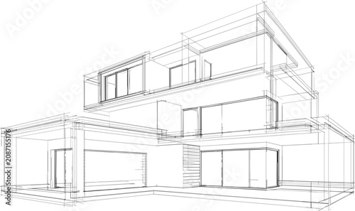 Fotografía Abstract Architectural Modern House Wireframe, Residential Building Blueprint Pe