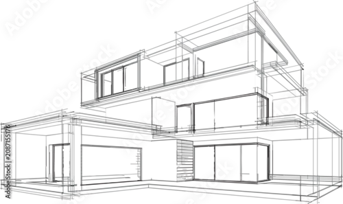 Fototapeta na wymiar Abstract Architectural Modern House Wireframe, Residential Building Blueprint Perspective Sketch Vector Illustration for Architecture Design Concept