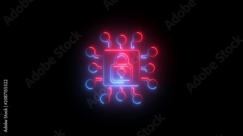 Neon cyber security padlock glowing on dark background, for digital data, protection digital security