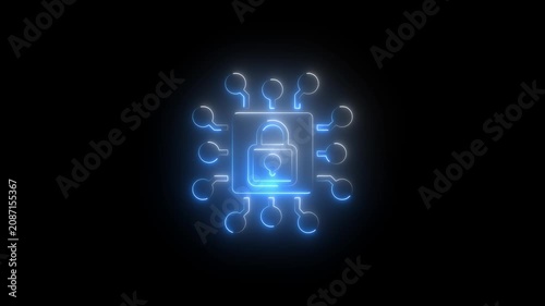 Cyber security digital lock glowing neon animation for data protection and network privacy neon technology
