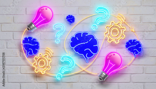 Neon question marks and lightbulb idea symbols for a pub quiz competition atmosphere. quiz, game, competition.
