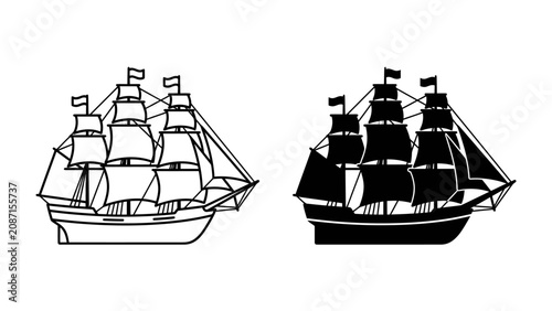 Photos Tall Ship Icons: Two detailed illustrations of a majestic tall ship, one in outline and the other in silhouette, showcasing its intricate rigging and multiple sails, perfect for maritime themes