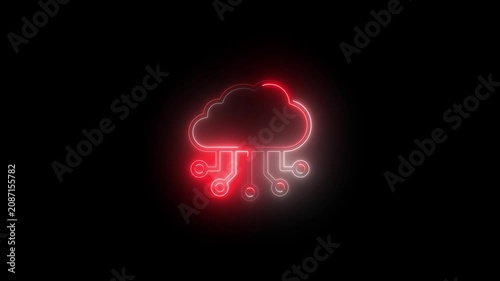 Neon red cloud computing with circuitry lines glowing on black background, technology digital