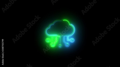 Neon cloud computing network animation, digital data storage and cyber security concept neon digital network
