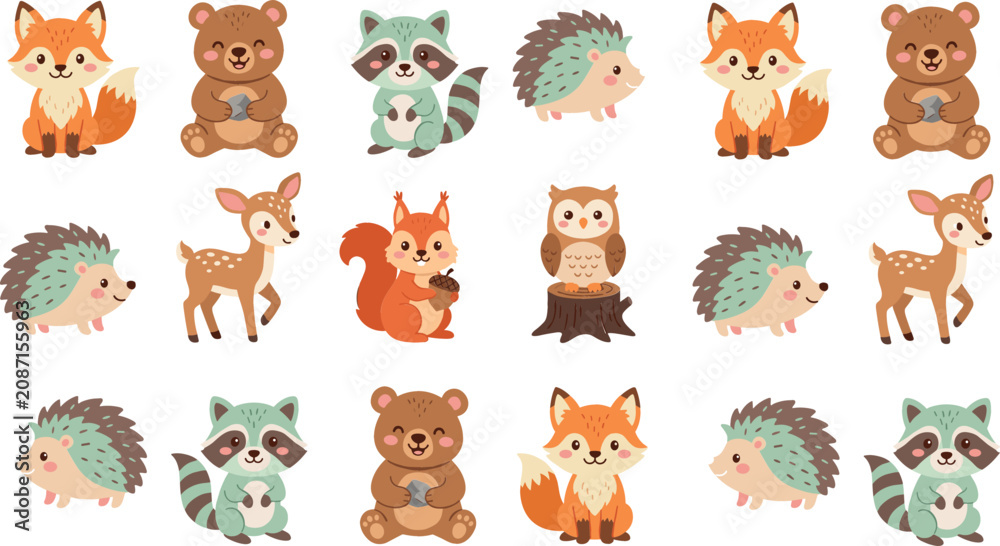Obraz premium Cute Woodland Animals Vector Character Set Featuring Fox Bear Raccoon Hedgehog Deer Squirrel and Owl for Children Birthday Cards and Nursery Decor,