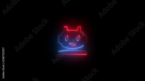 Neon robot head glowing with red and blue light on black background, artificial intelligence technology