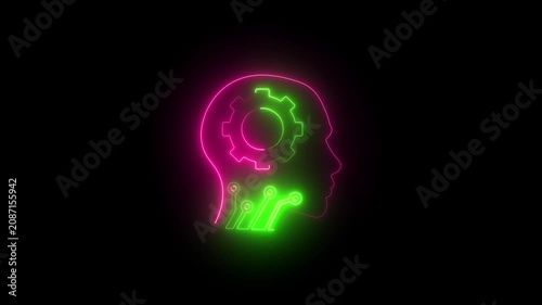 Neon artificial intelligence head with rotating gear and circuitry animation machine learning neural network