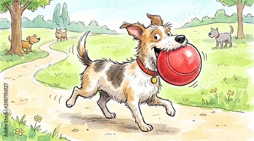 Playful dog running with red ball in sunny park setting  