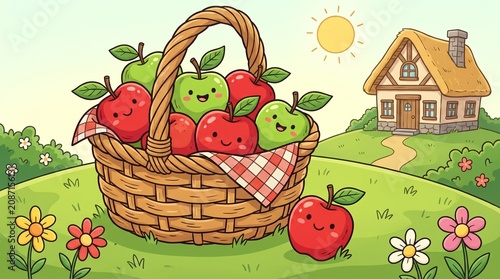 Cartoon basket of smiling apples in sunny garden near house  