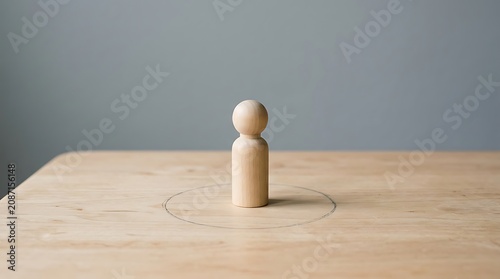 Wooden figure standing on table within drawn circle gray wall light wood