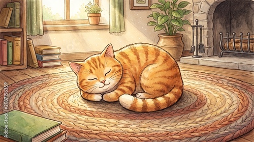 Orange tabby cat sleeping peacefully on a round rug indoors  