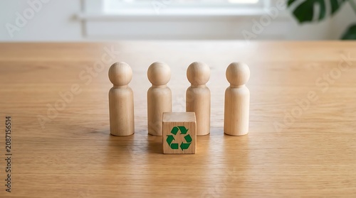 Wooden figures standing around a recycling symbol block on a table green