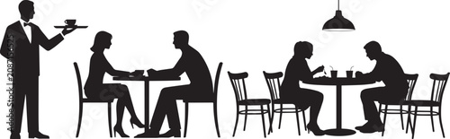 Silhouette illustration of waiter serving coffee to couples dining at cafe, romantic business meeting, social interaction, modern restaurant interior concept design scene