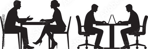 Silhouette illustration showing people discussing at cafe and office tables, business meeting, romantic conversation, communication, teamwork, modern lifestyle concept vector design scene
