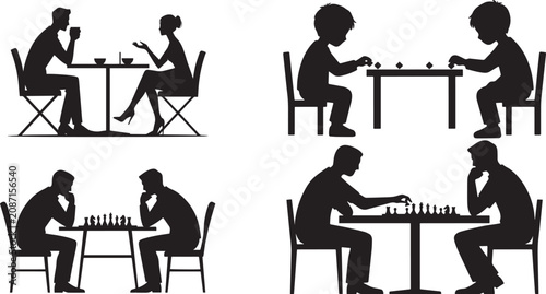 silhouette, people, chess, cafe, coffee, table, chair, game, leisure, social, conversation, lifestyle, indoor, dating, interaction, chess game, cafe scene, social , 