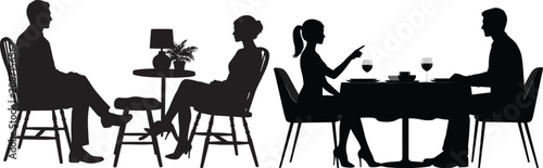 Silhouette of couples enjoying romantic dinner at restaurant cafe interior, social dining scene with table conversation and elegant evening atmosphere concept illustration