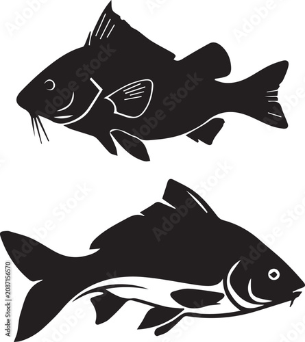 Silhouette illustration, of fish underwater species, vector design set, showing aquatic wildlife marine animals, isolated black fish icons concept artwork background design