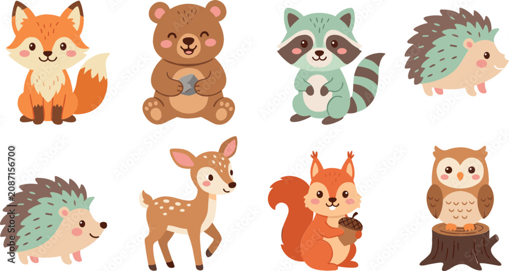 Obraz premium Cute Woodland Animals Vector Character Set Featuring Fox Bear Raccoon Hedgehog Deer Squirrel and Owl for Kids Educational Materials and Nursery Room Prints,
