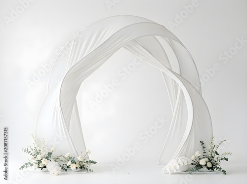 Modern twisted wedding arch with elegant white drapery and flowers