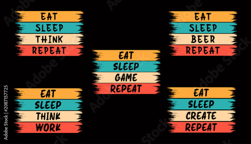 Fotografía Retro Vintage Eat Sleep Repeat T-Shirt Design Bundle with Motivational and Gaming Quotes