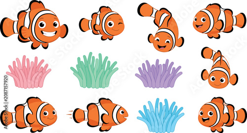 Quadro su tela Cute clownfish vector illustration set with cartoon orange anemone fish characte